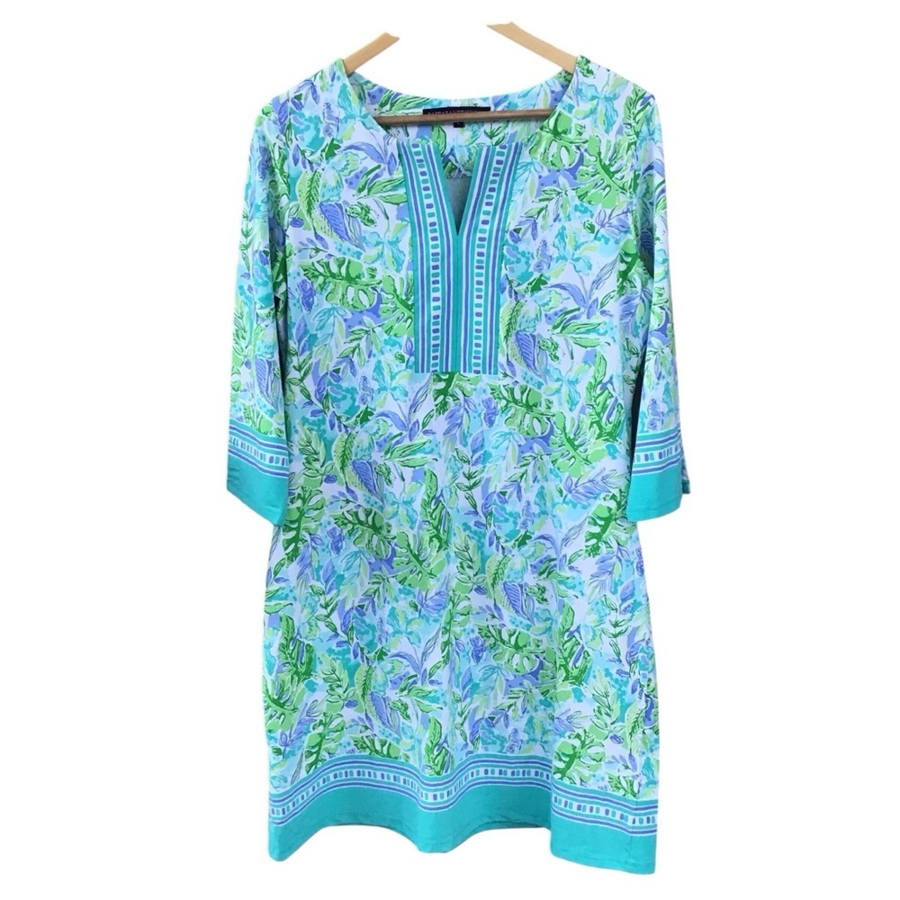 Barbara Erickson Foliage Print 3/4 Sleeve Resort-Wear Polo Dress Size Large NEW